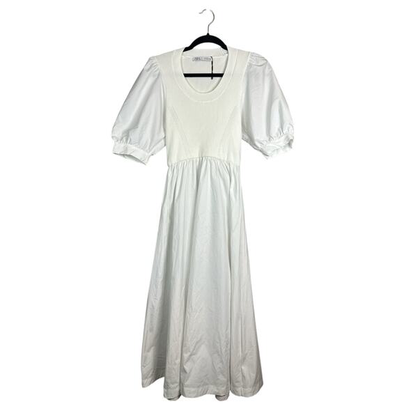 Zara Dresses & Skirts - Zara NWOT White Short Puff Sleeve Scoop Neck Midi Fit Flare Dress Size Medium